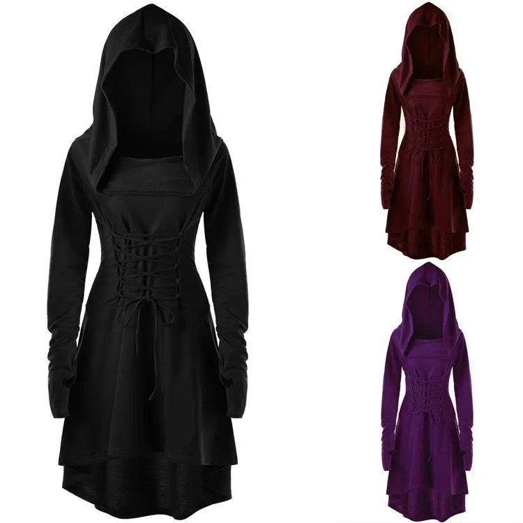 Female's Vintage Renaissance Costumes Hooded Robe Lace Up Dress | Front tie-up Hoodie Dress