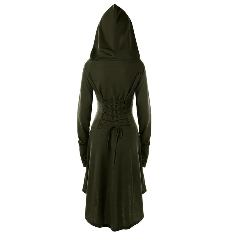 Female's Vintage Renaissance Costumes Hooded Robe Lace Up Dress | Front tie-up Hoodie Dress