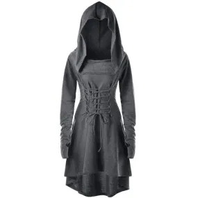 Female's Vintage Renaissance Costumes Hooded Robe Lace Up Dress | Front tie-up Hoodie Dress