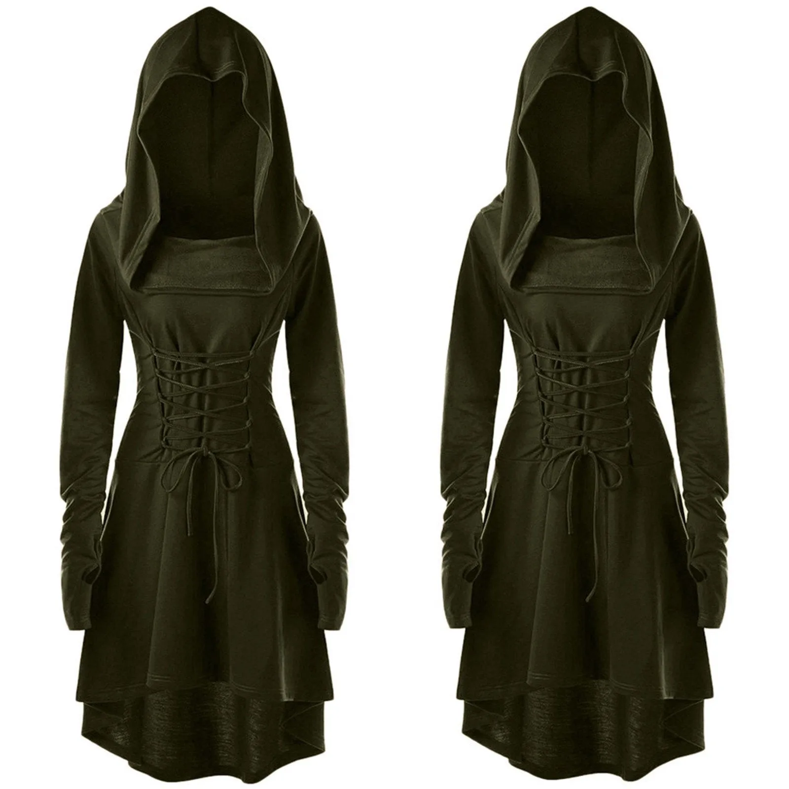 Female's Vintage Renaissance Costumes Hooded Robe Lace Up Dress | Front tie-up Hoodie Dress