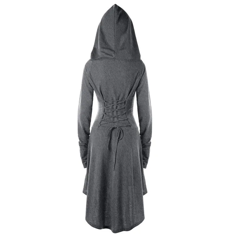 Female's Vintage Renaissance Costumes Hooded Robe Lace Up Dress | Front tie-up Hoodie Dress