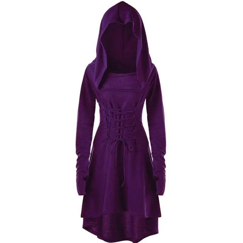 Female's Vintage Renaissance Costumes Hooded Robe Lace Up Dress | Front tie-up Hoodie Dress