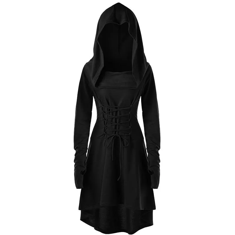 Female's Vintage Renaissance Costumes Hooded Robe Lace Up Dress | Front tie-up Hoodie Dress