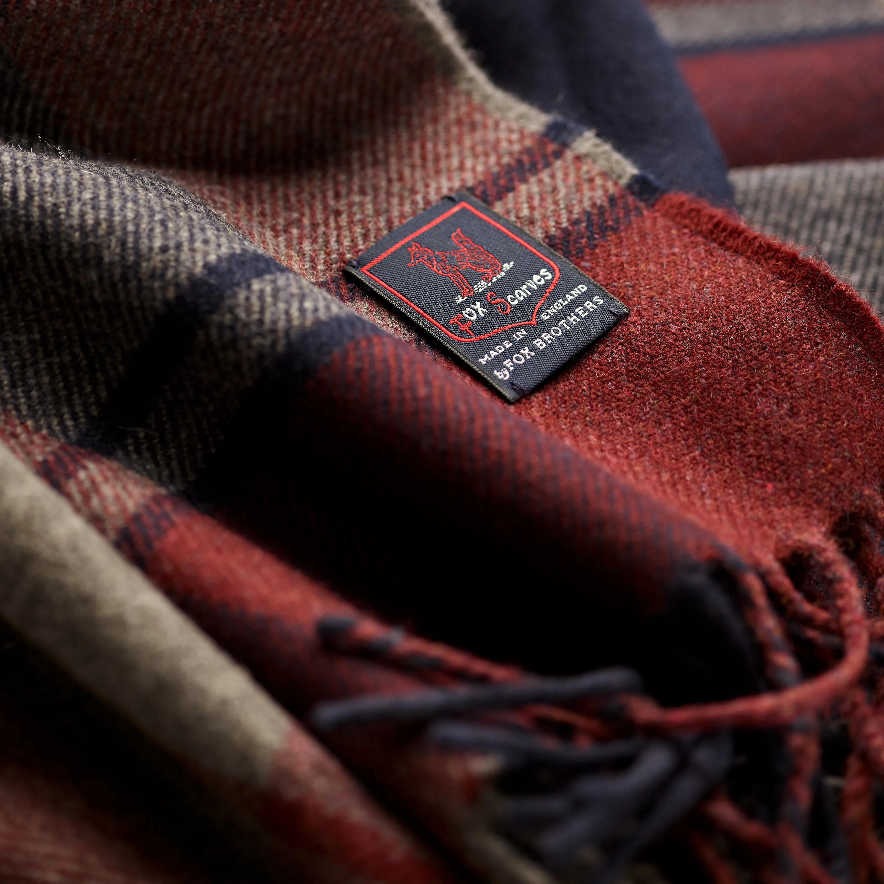 Fox Navy and Wine check Cashmere & Merino Wool Scarf