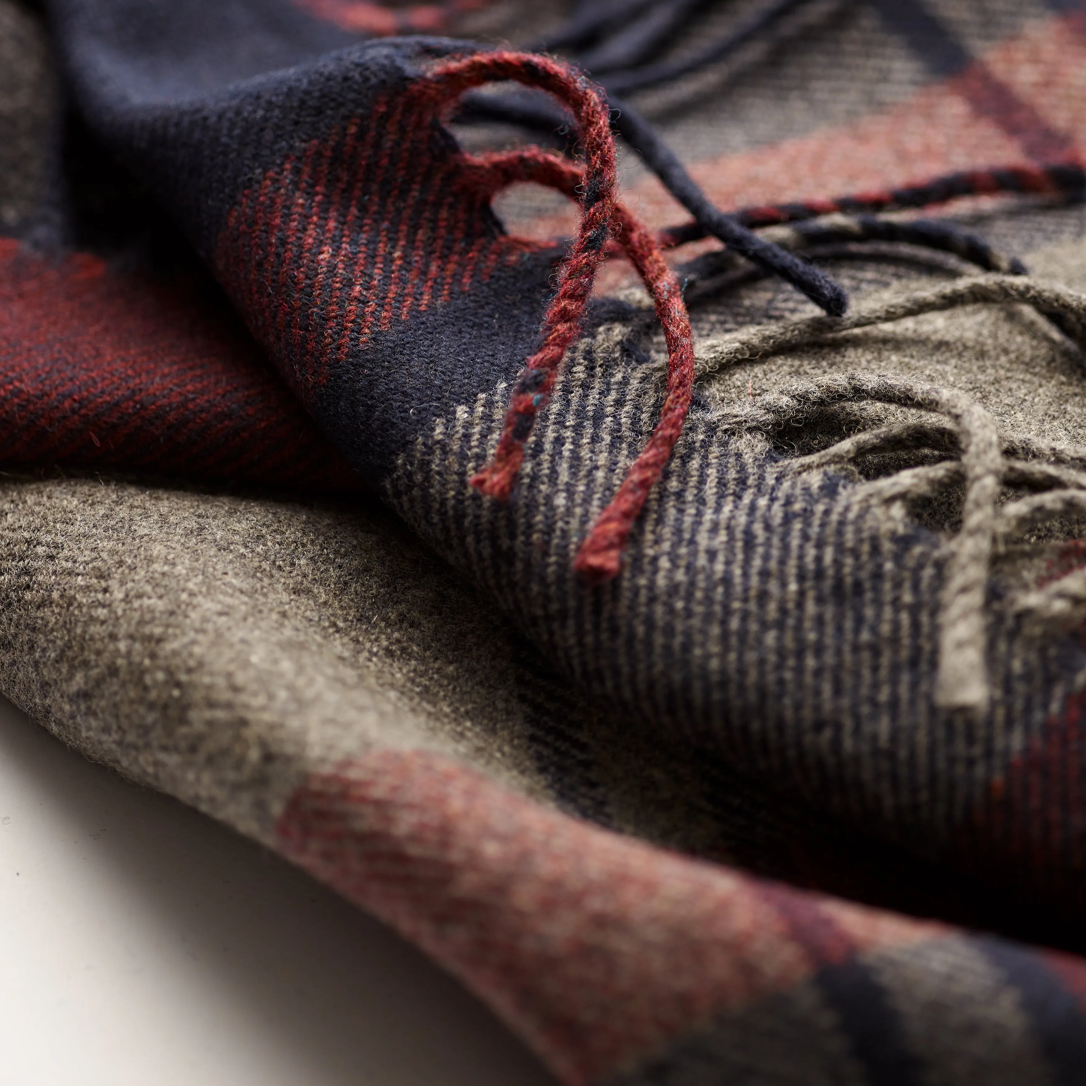 Fox Navy and Wine check Cashmere & Merino Wool Scarf