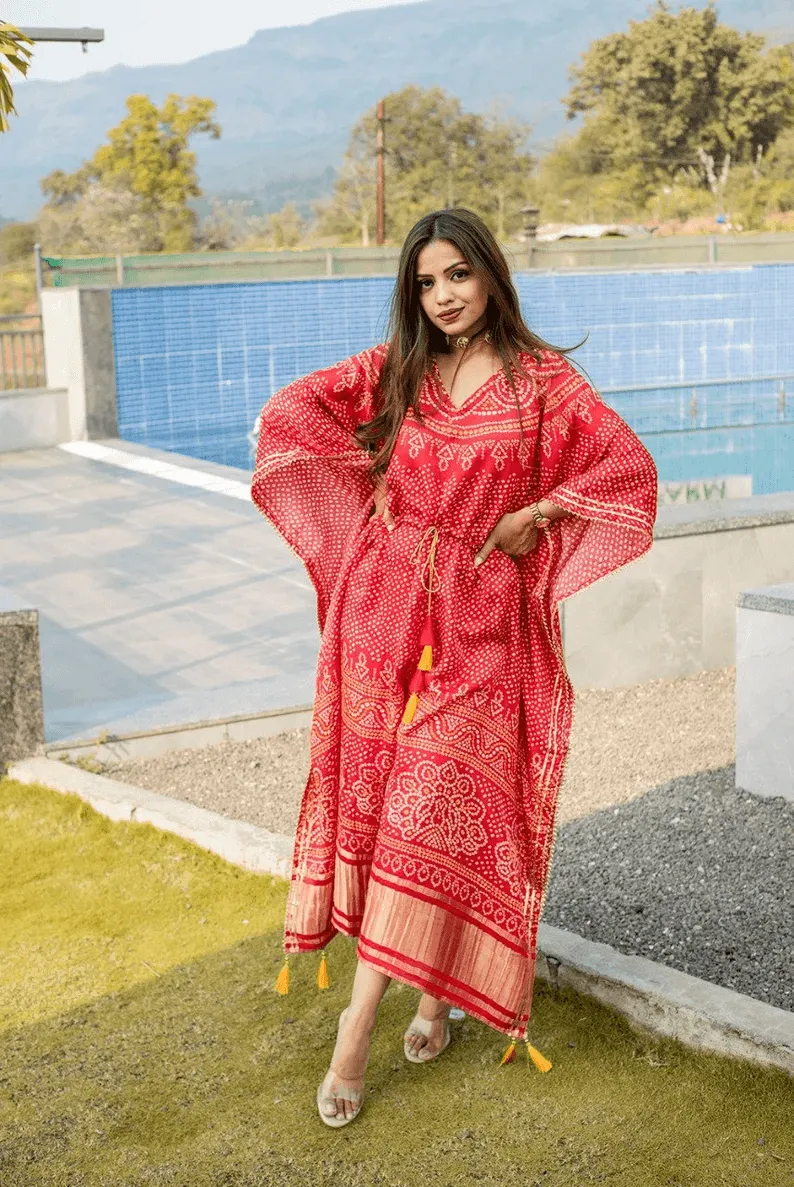 Gaji Silk Bandhej Kaftan Dress