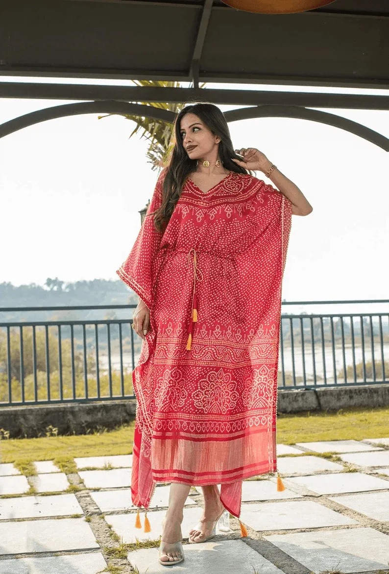 Gaji Silk Bandhej Kaftan Dress