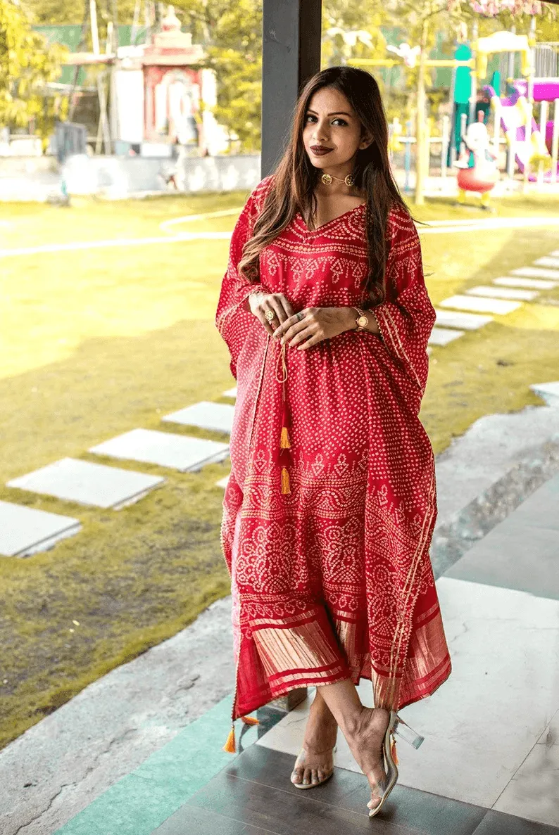 Gaji Silk Bandhej Kaftan Dress