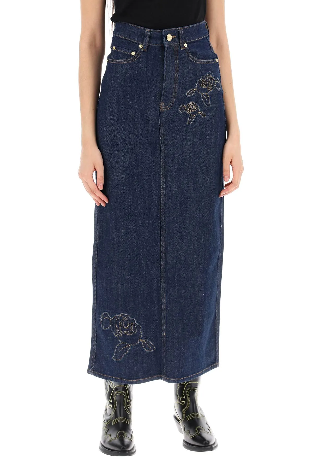 Ganni Maxi Denim Skirt With Pink Embroidery