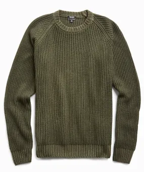 Garment Dyed Cashmere Raglan Rib Crew in Olive