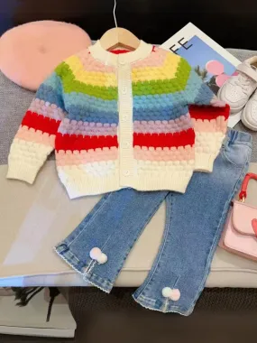 Girl's Long Sleeve Rainbow Striped Knitted Cardigan