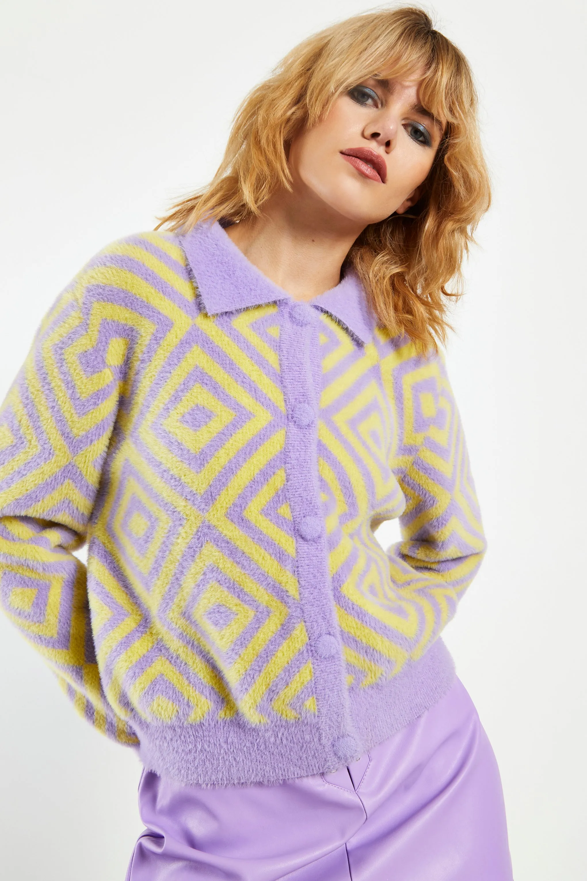 Glamorous Lilac Yellow Diamond Geo Intarsia Knit Collard Cardigan