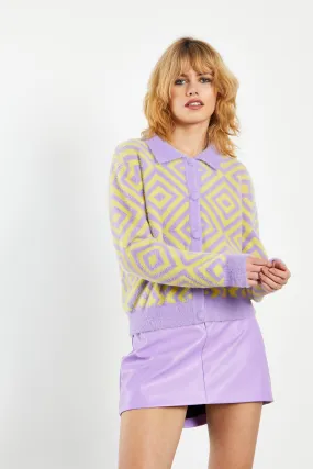 Glamorous Lilac Yellow Diamond Geo Intarsia Knit Collard Cardigan