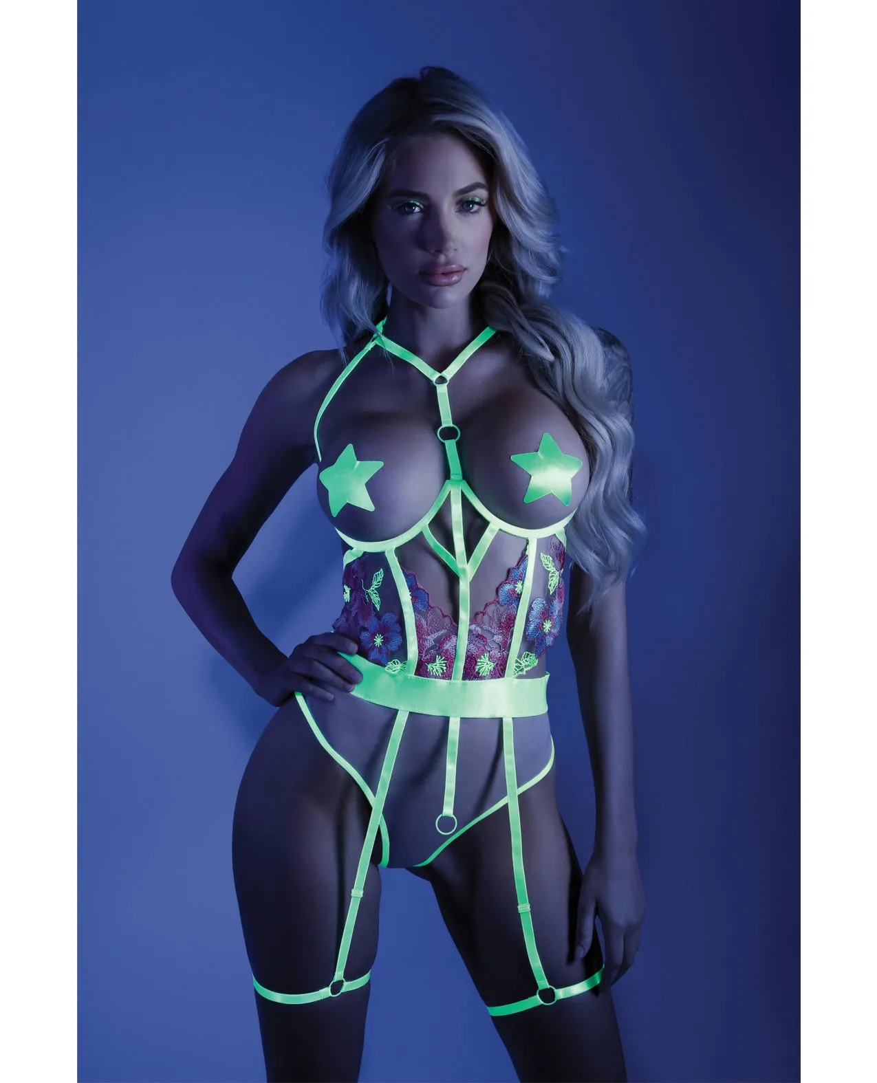 Glow Black Light Embroidered Cupless Garter Teddy (Pasties Not Included) Neon Chartreuse L/XL