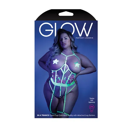 Glow Black Light Embroidered Cupless Garter Teddy (Pasties Not Included) Neon Chartreuse QN