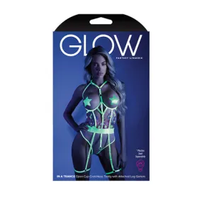 Glow Black Light Embroidered Cupless Garter Teddy (Pasties Not Included) Neon Chartreuse S/M