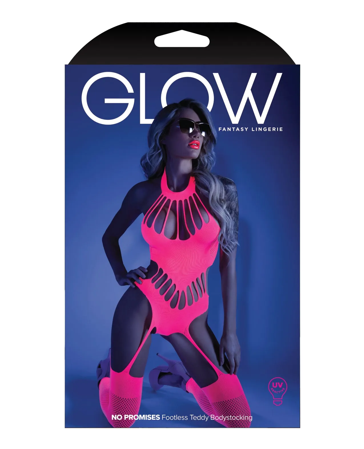 Glow Black Light Footless Teddy Bodystocking Neon Pink O/S