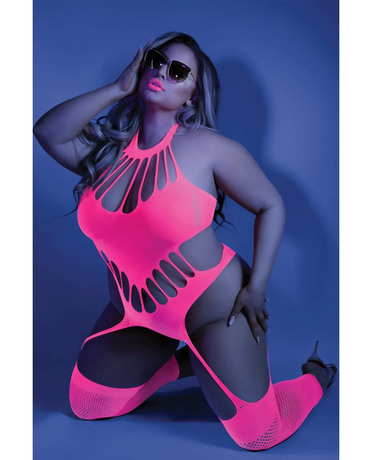 Glow Black Light Footless Teddy Bodystocking Neon Pink QN