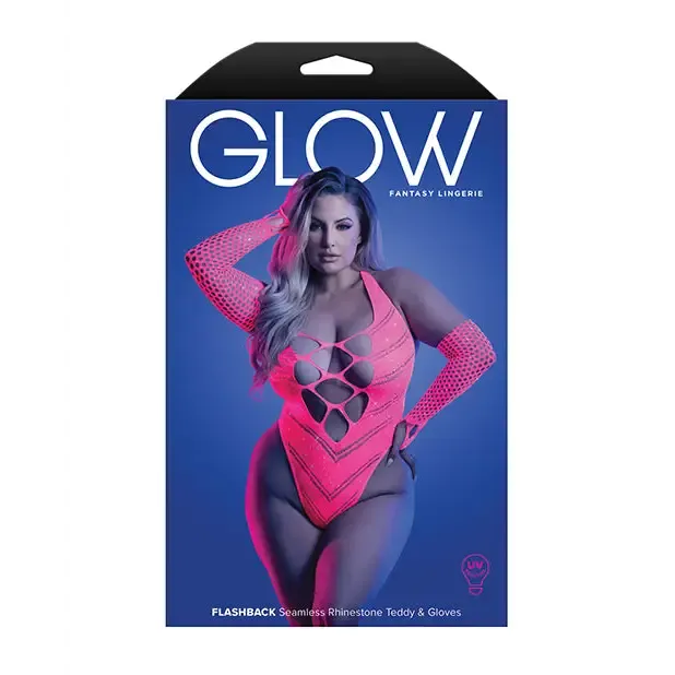 Glow Flashback Black Light Reactive Rhinestone Teddy w/Gloves (or Leg Warmers) - Neon Pink QN