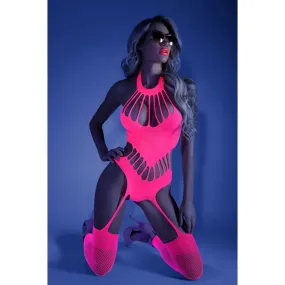 GLOW NO PROMISES Footless Teddy Bodystocking - Glow in Dark Pink - One Size