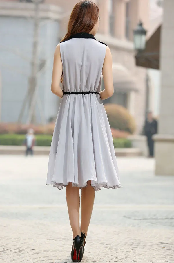 Gray dress woman chiffon dress custom made midi dress with black detail 0917#