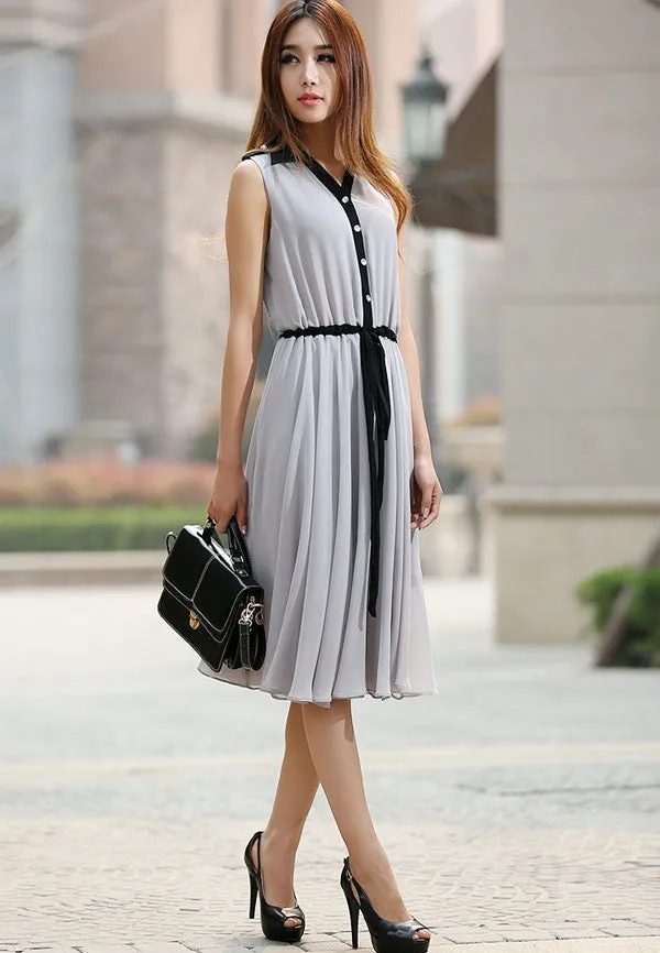 Gray dress woman chiffon dress custom made midi dress with black detail 0917#