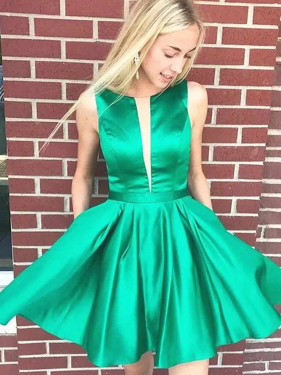 Green Satin Backless Short Prom Homecoming, Open Back Green Formal Graduation Evening, Green Cocktail