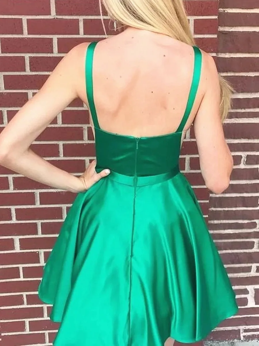 Green Satin Backless Short Prom Homecoming, Open Back Green Formal Graduation Evening, Green Cocktail