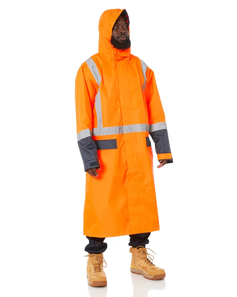 Hi Vis Taped Long Rain Coat - Orange/Navy