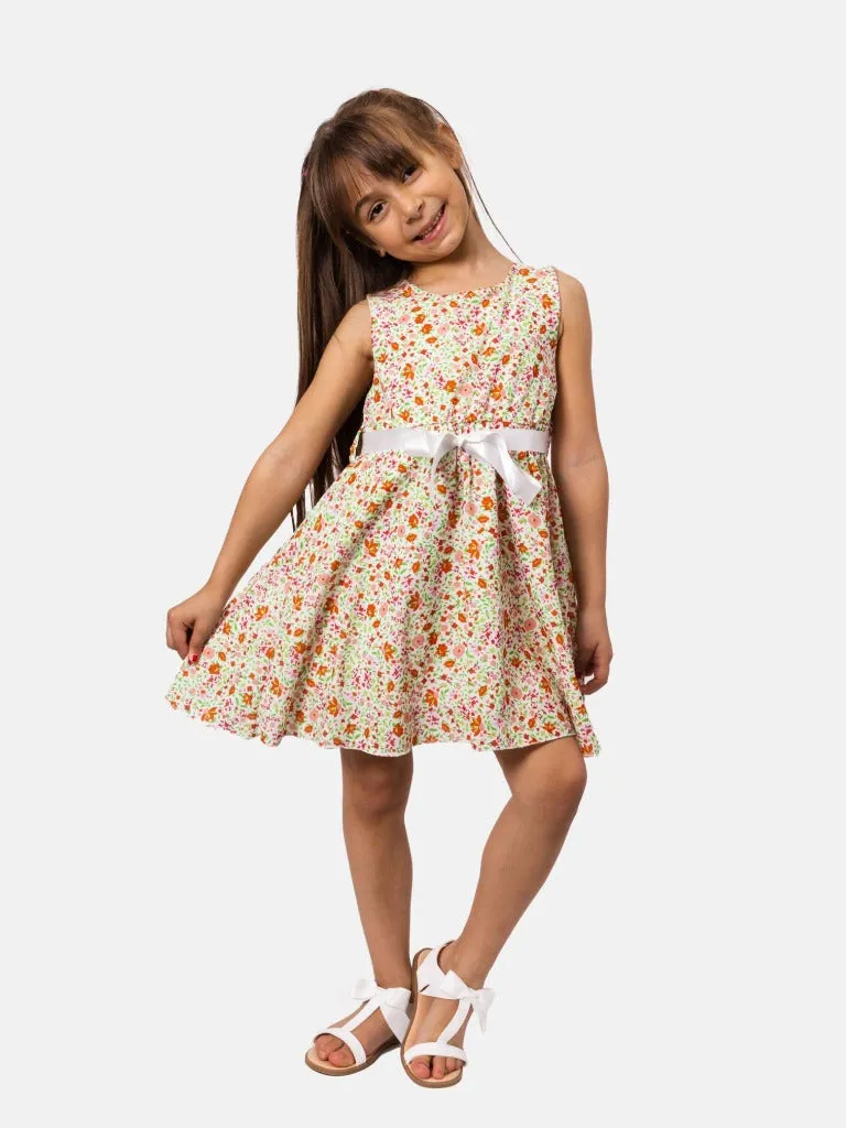 Junior Girl Budapest French Collection Floral Dress with Belt - Beige