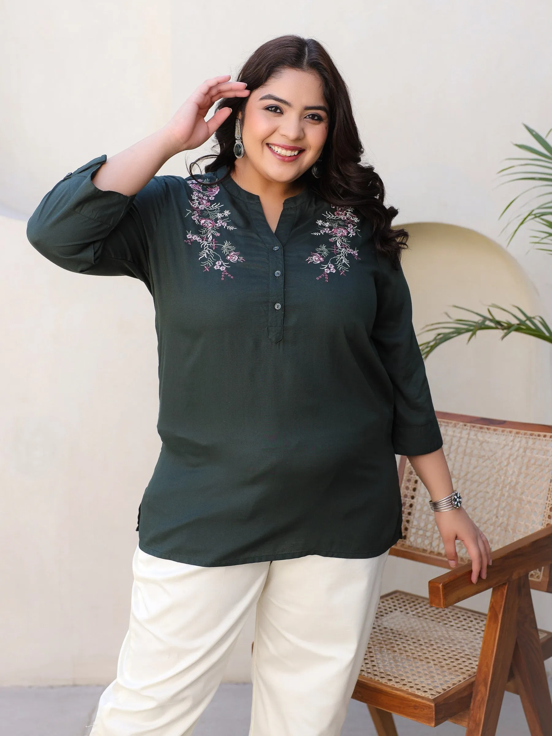 Juniper Green Modal Rayon Floral Embroidered Plus Size Tunic With Half Placket