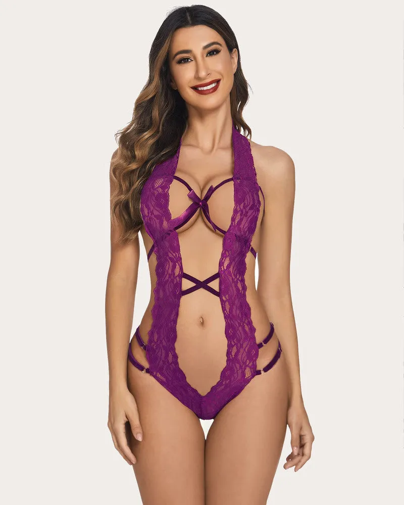 Lace Bodysuit Deep V Halter Teddy