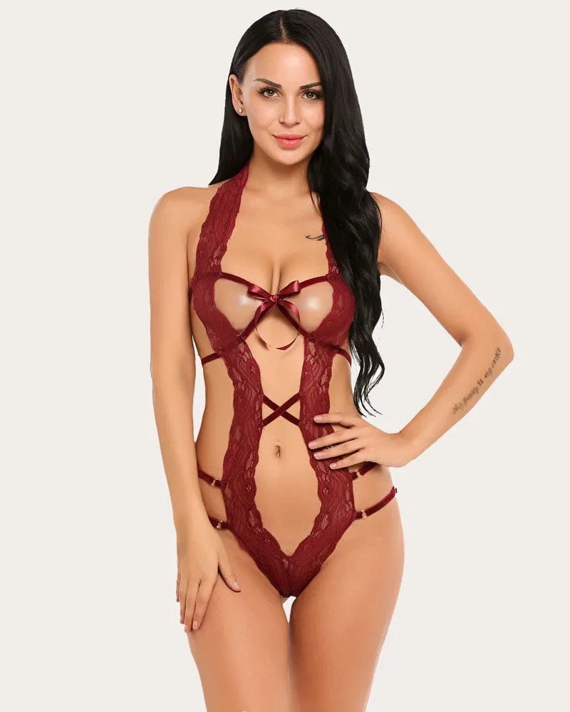 Lace Bodysuit Deep V Halter Teddy