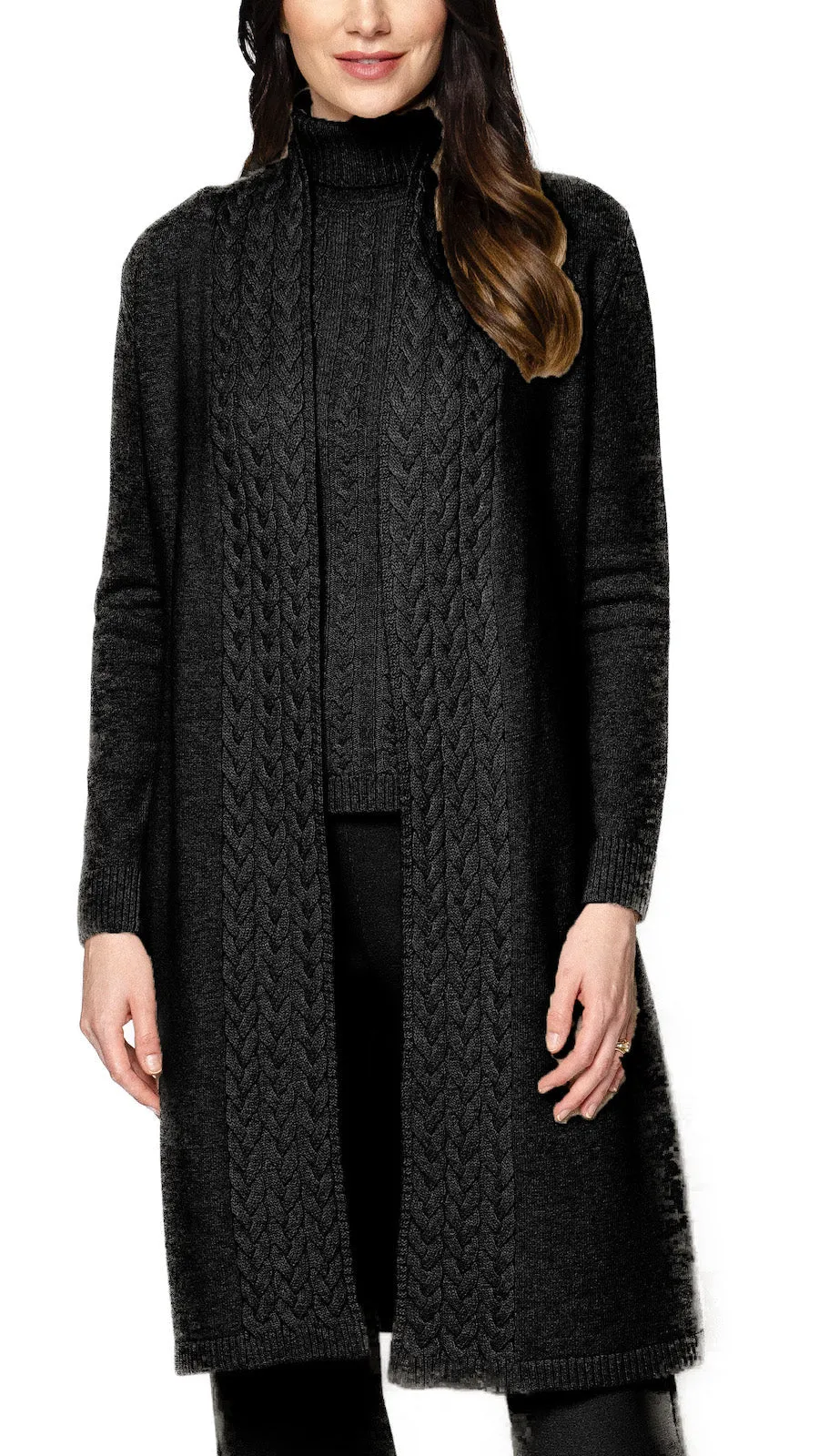 Leana Cable-Knit Belted Coat ; Black