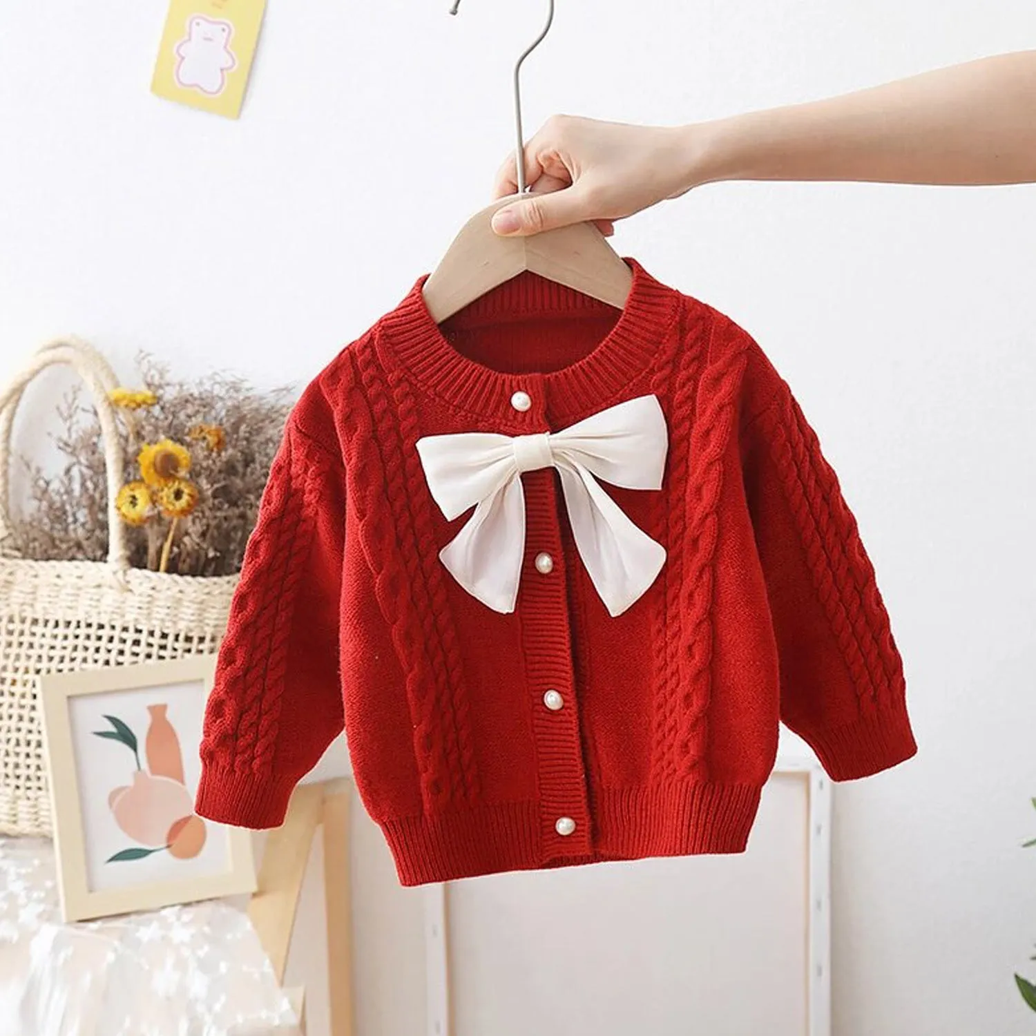 Little Surprise Box Kids Red Knitted Cardigan Sweater with Bow.