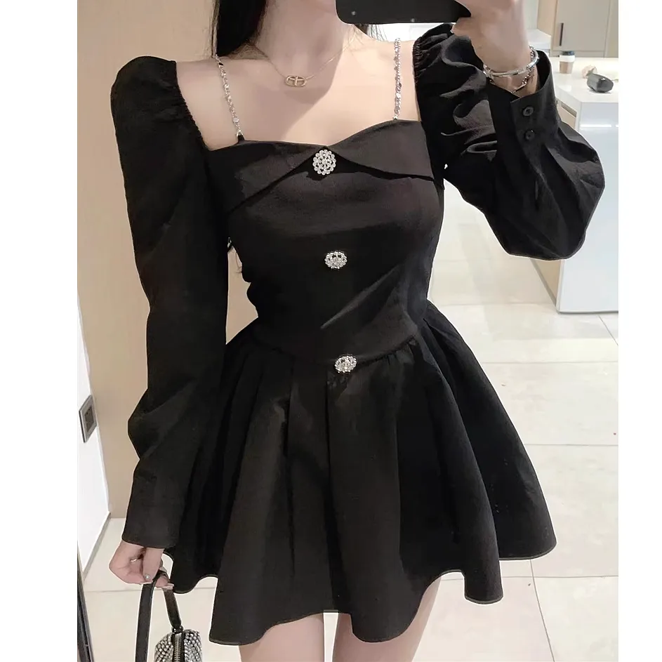 Long Sleeve Square Neck Button A-Line Dress