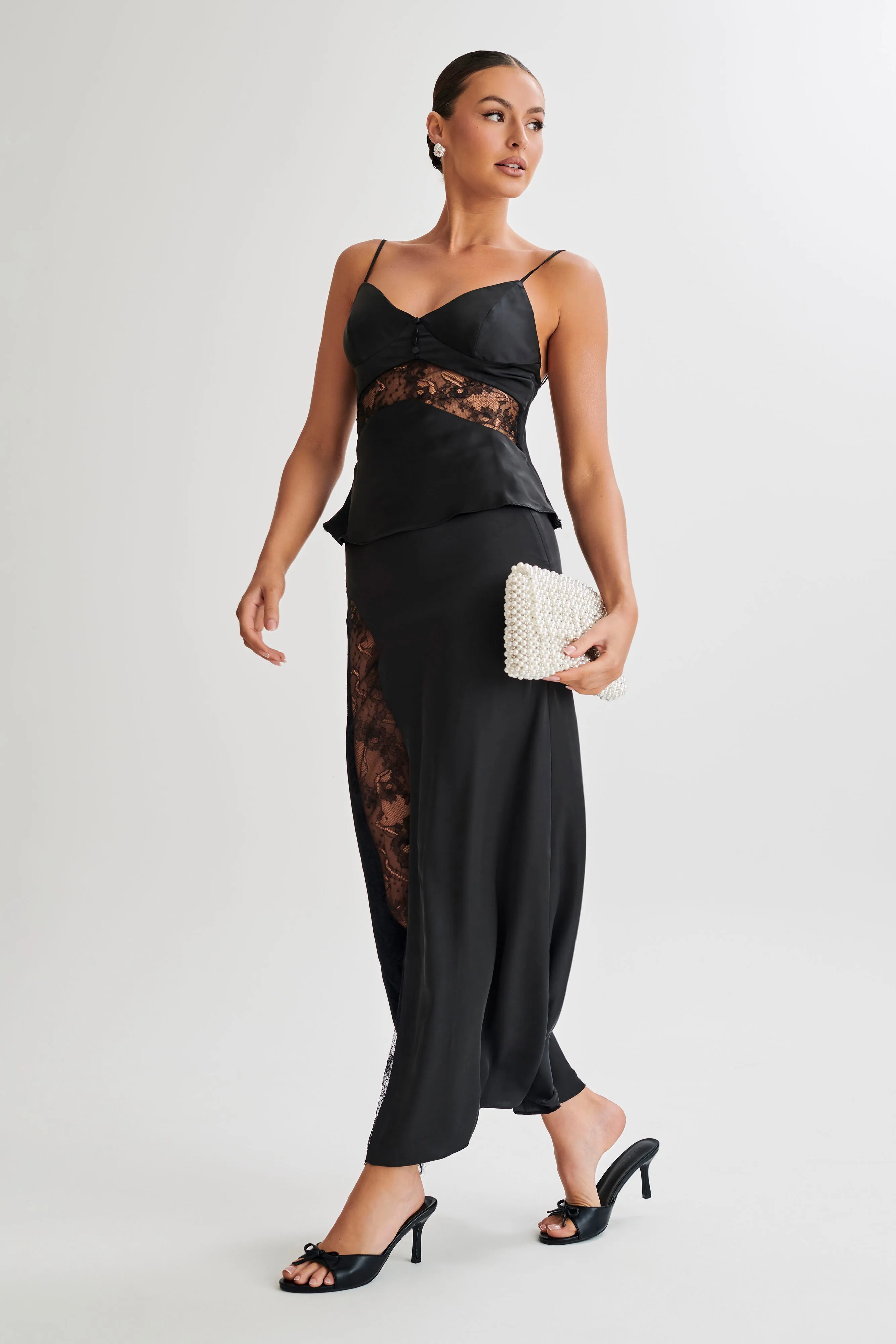 Luella Satin Lace Maxi Skirt - Black