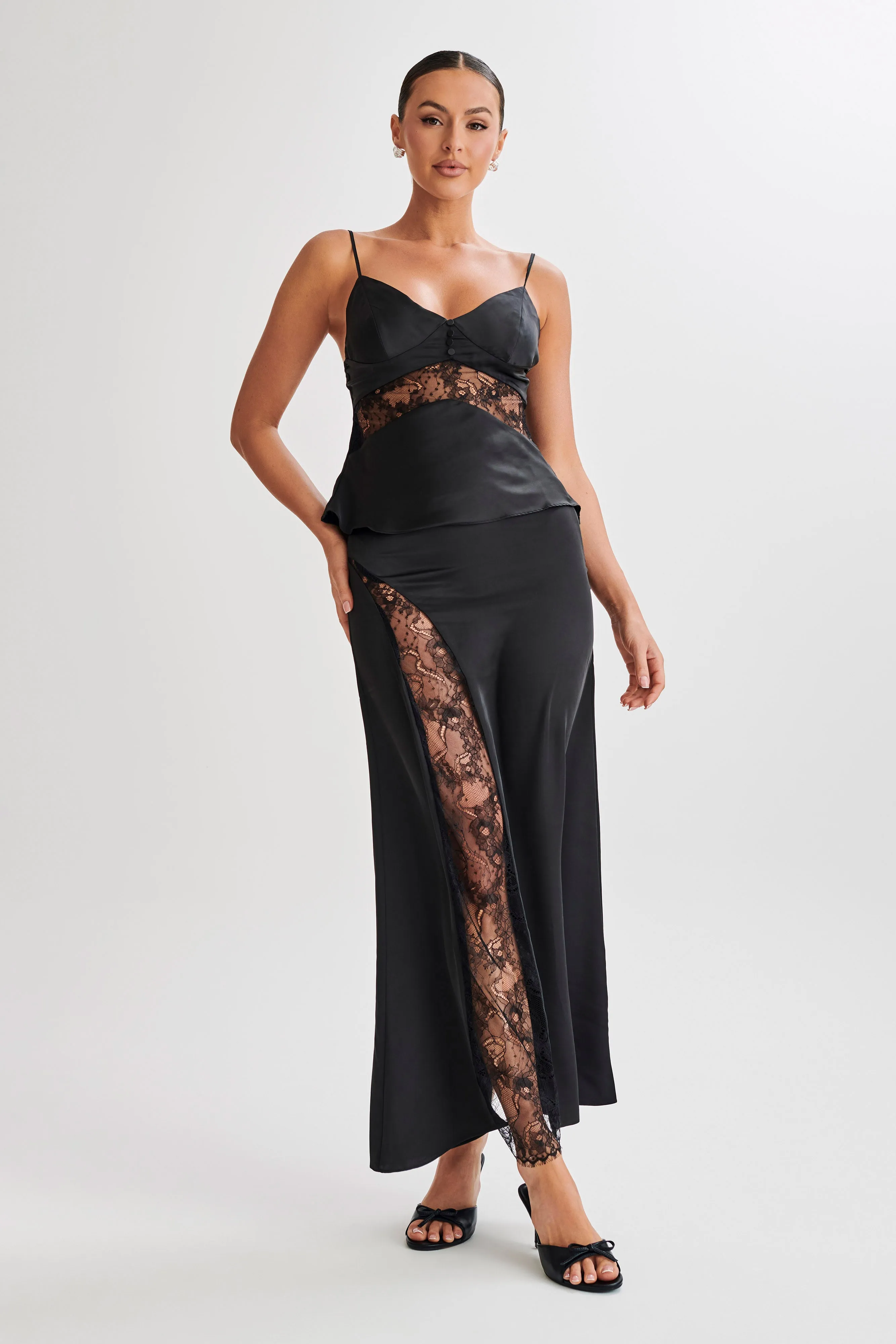 Luella Satin Lace Maxi Skirt - Black