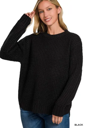 Malibu hi-lo round neck waffle sweater tw-2416y black