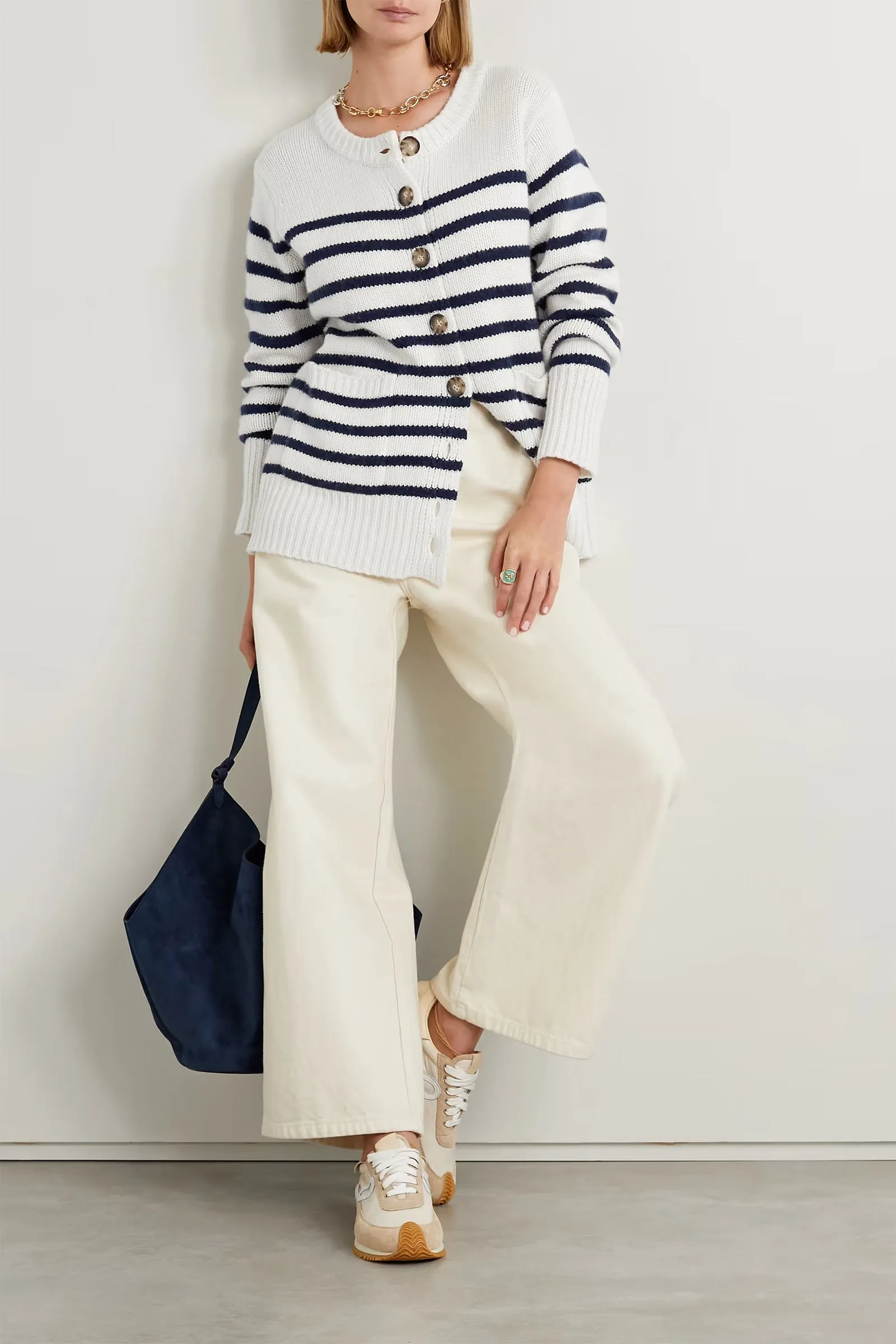 Marin Cream Striped Wool and Cashmere-blend Cardigan