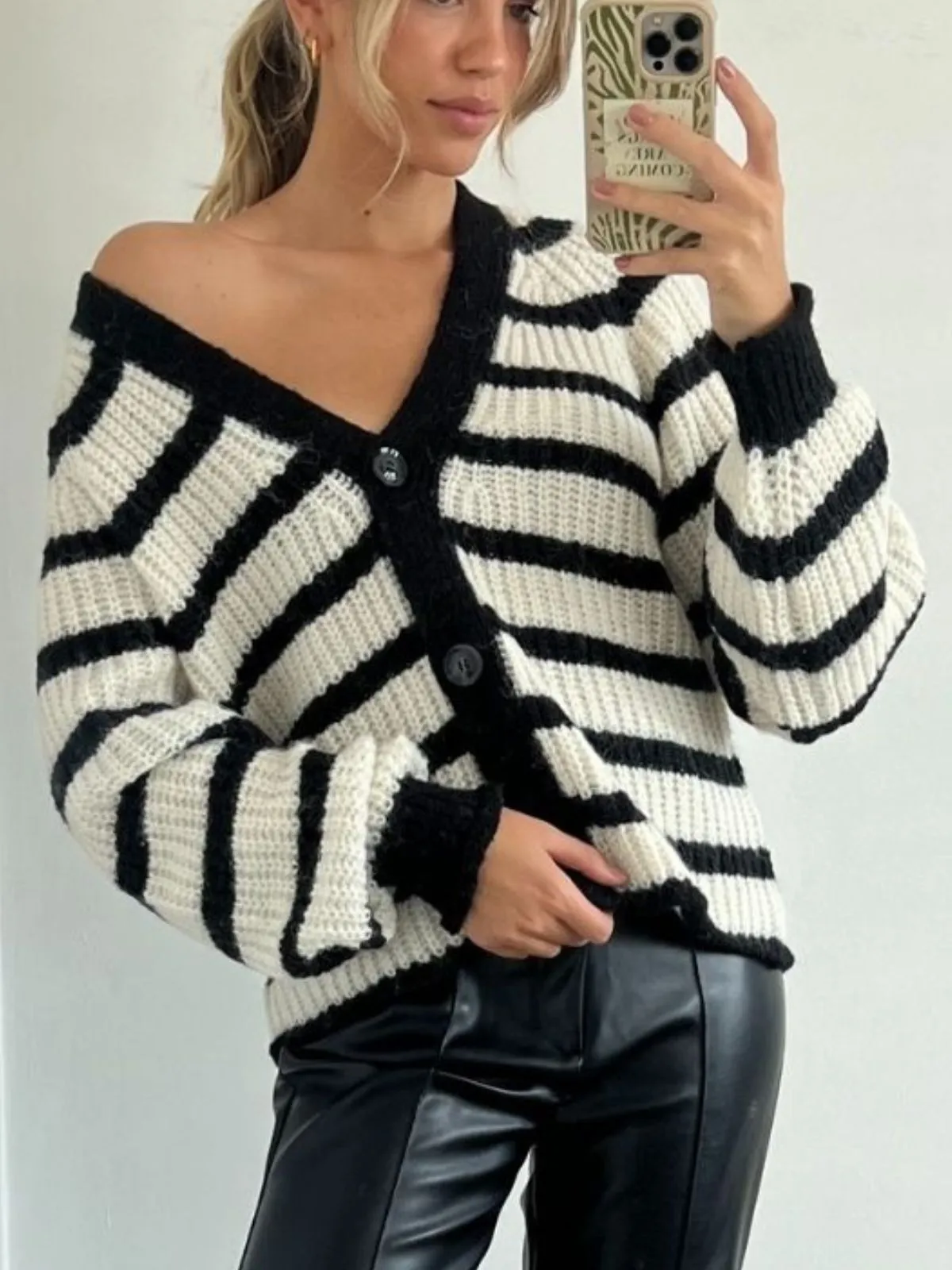 Meredith cosy Striped Oversized Cardigan / Black & White