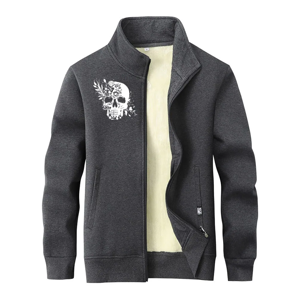 Multicolor Floral Skull Stand Collar Zip Fleece Sherpa Cardigan