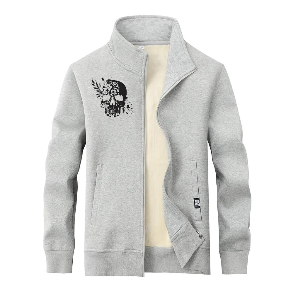 Multicolor Floral Skull Stand Collar Zip Fleece Sherpa Cardigan