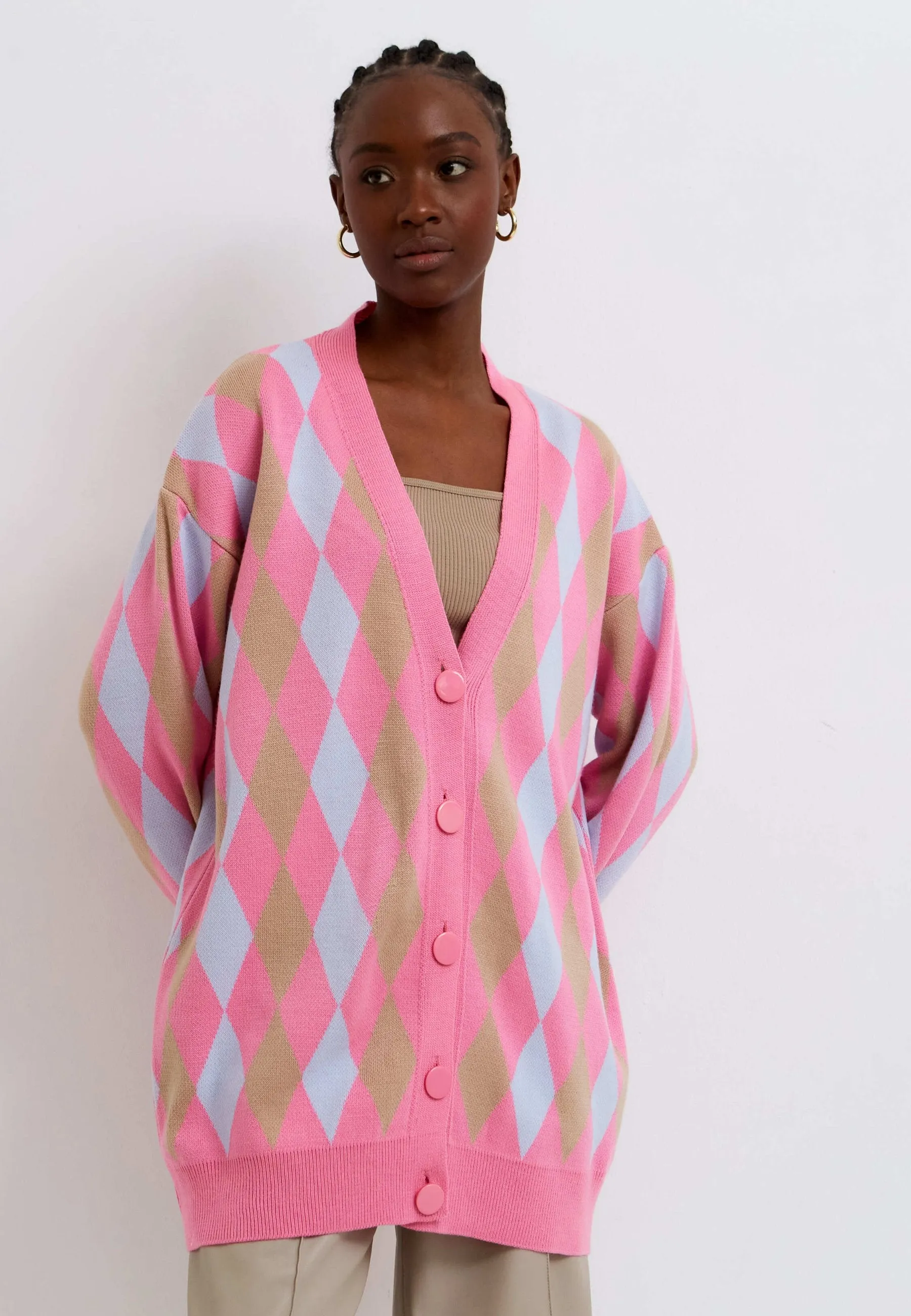 Multicoloured Button-Up Cardigan - Pink