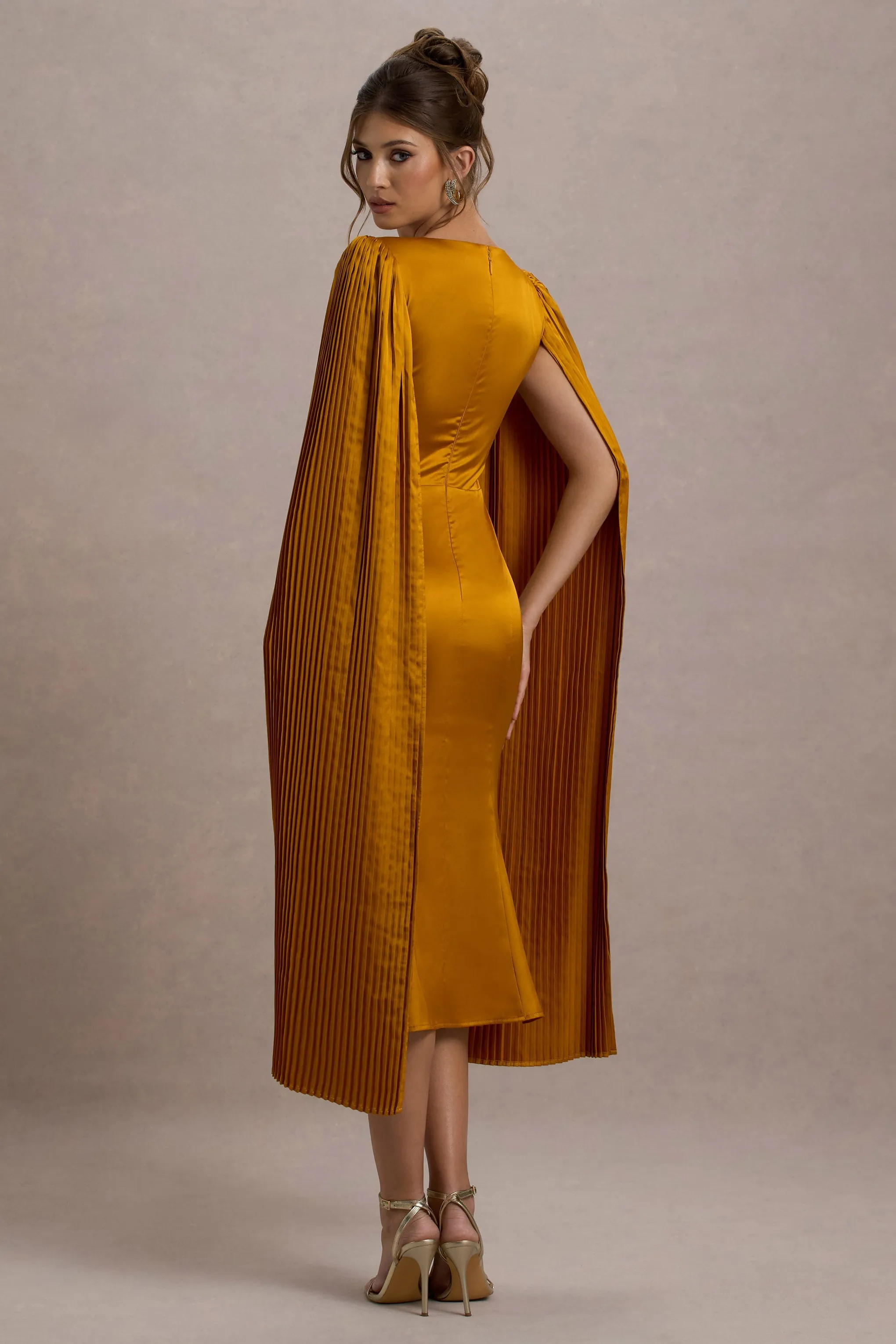 Nalda | Mustard Square-Neck Midi Dress With Cape Sleeves