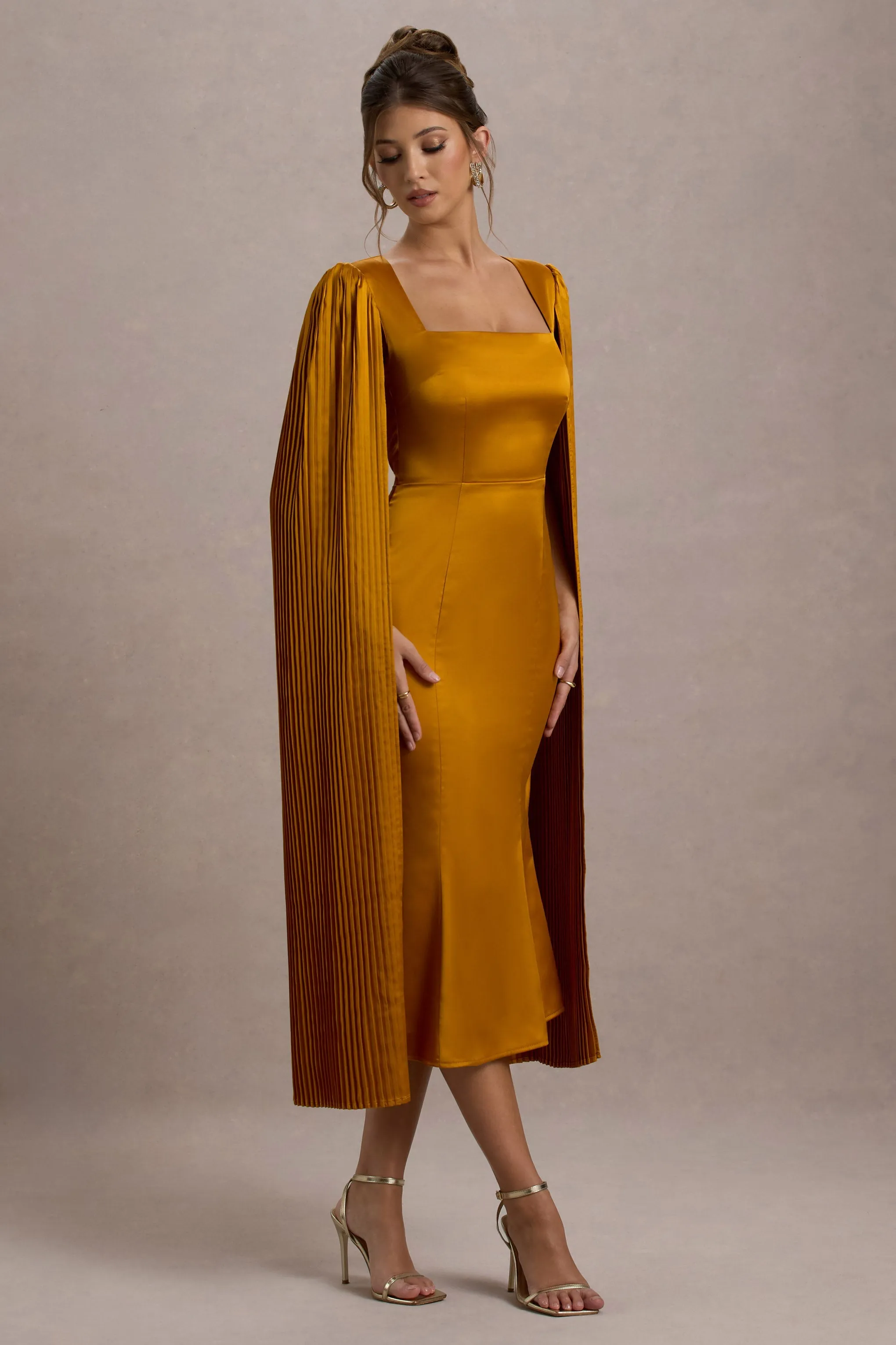 Nalda | Mustard Square-Neck Midi Dress With Cape Sleeves