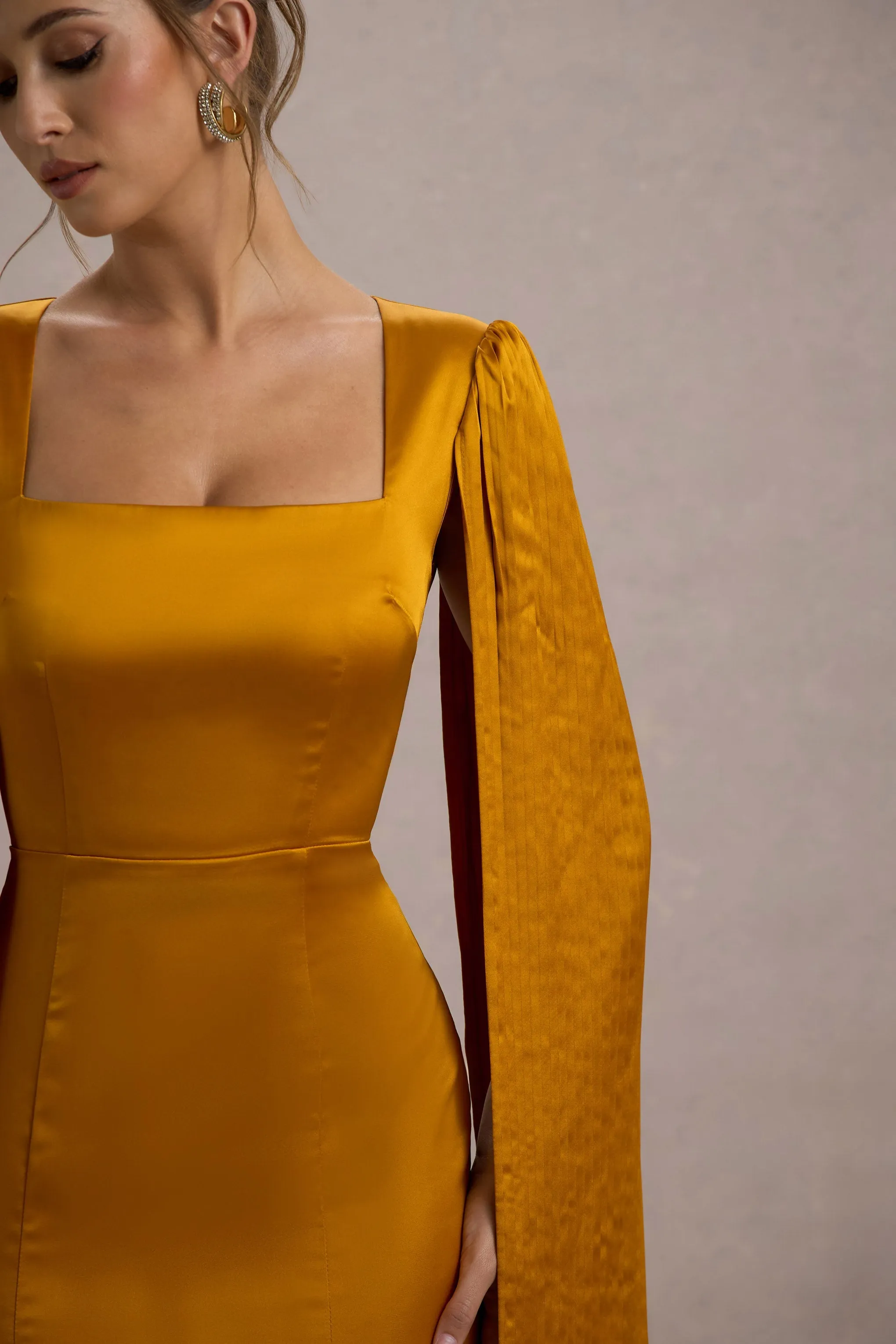 Nalda | Mustard Square-Neck Midi Dress With Cape Sleeves