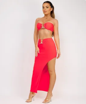 Neon Pink Maxi Skirt Bandeau Co Ord With Gold Buckle