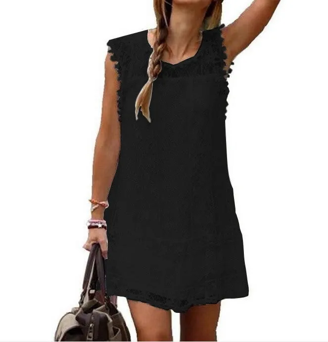 New summer fashion women Dress Sexy Sleeveless Hollow lace Dress Mini Dress beach dress vest dress vestidos femininos