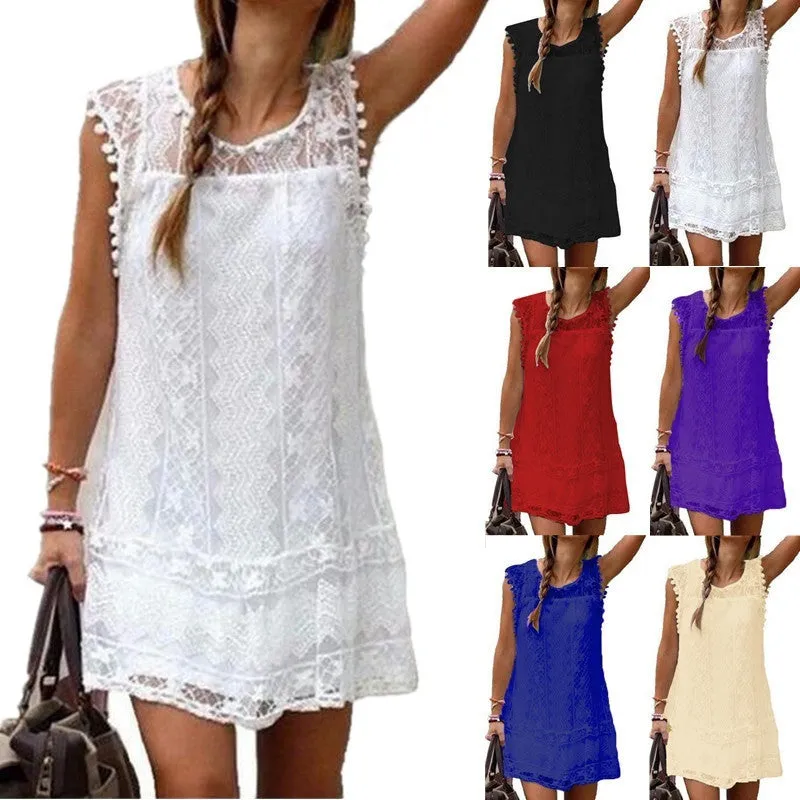 New summer fashion women Dress Sexy Sleeveless Hollow lace Dress Mini Dress beach dress vest dress vestidos femininos